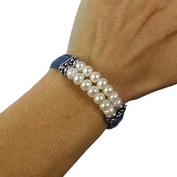 Honora Bracelet Double Row Pearl and Periwinkle Blue Leather - Picture 1 of 4